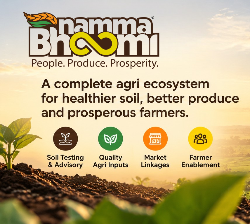 Promotional banner for 'Namma Bhoomi' featuring a farmer viewed from behind looking at a lush green farm at sunset, with circular graphics showing soil testing, inputs, better produce, and prosperous farmers.